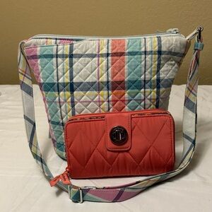 Vera Bradley Pastel Plaid Crossbody with Coral Wallet